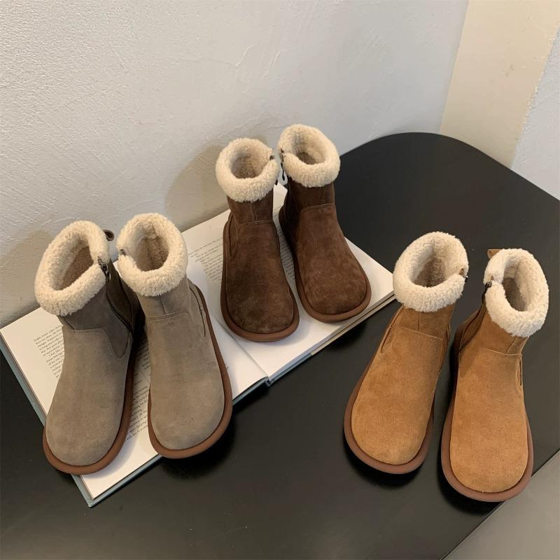 Schneestiefel mit dicker Sohle für Damen Winter neue Retro Samt Baumwollschuhe, flachsohlige hässlich-süße flauschige kurze Stiefel für Damen