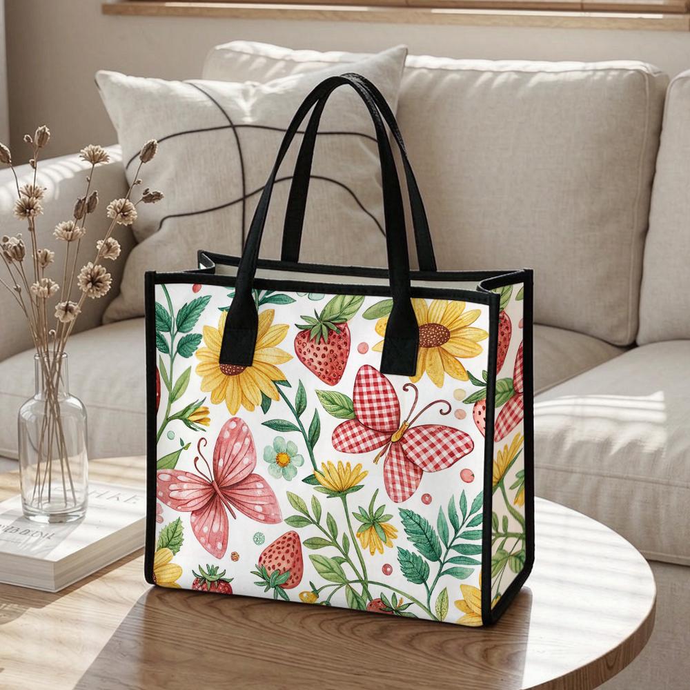 Floral Butterfly Printed Tote Bag Casual Large Capacity Handbag for Women Daily Use Shopping Travel Shoulder Bag