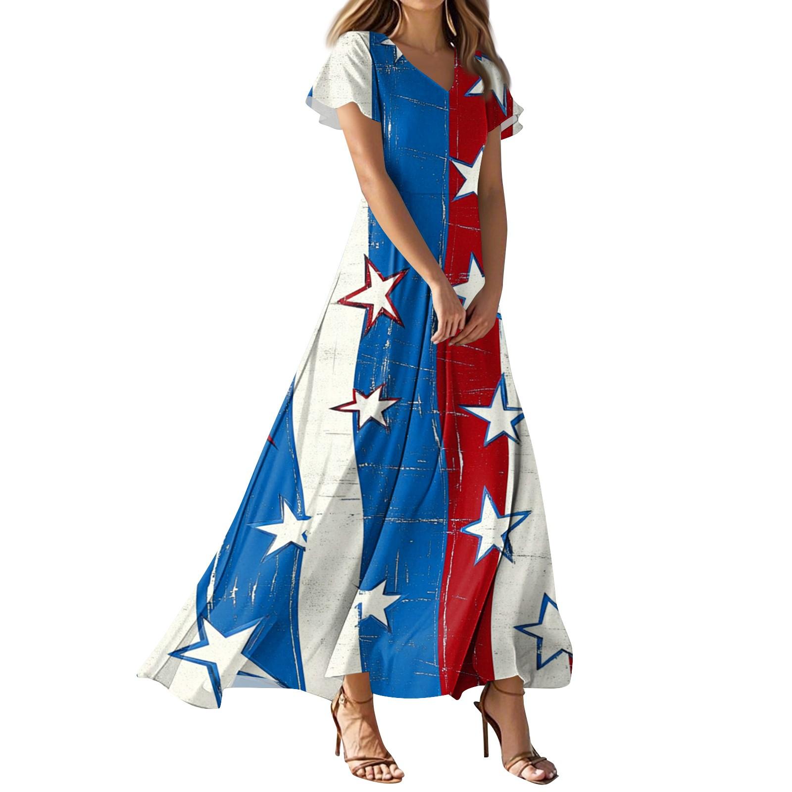 

Женское повседневное платье с принтом флага Дня независимости, V-образным вырезом, короткими рукавами и высокой талией L синий