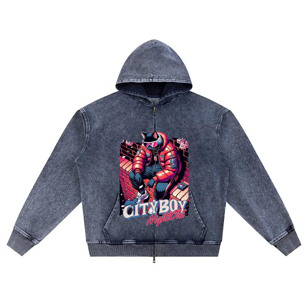 DTG print Knitted Denim Zip-Up Hoodie Futuristic Cat Brother Print Zipper Hoodies  