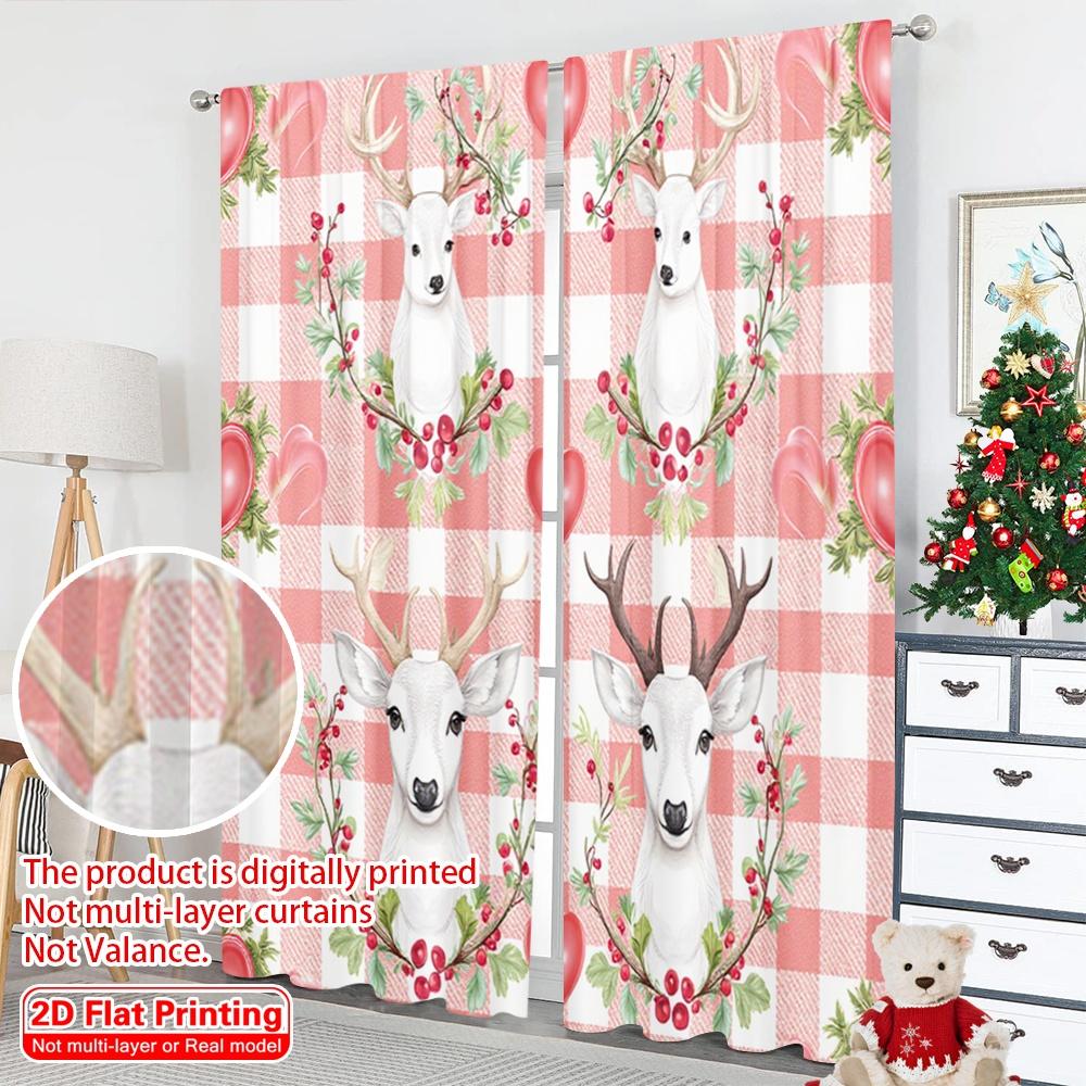 2pcs 2D Flat Printing Merry Christmas Window Curtains Deer Heart Pine Christmas Fabric Without Electricity Family Party Perfect