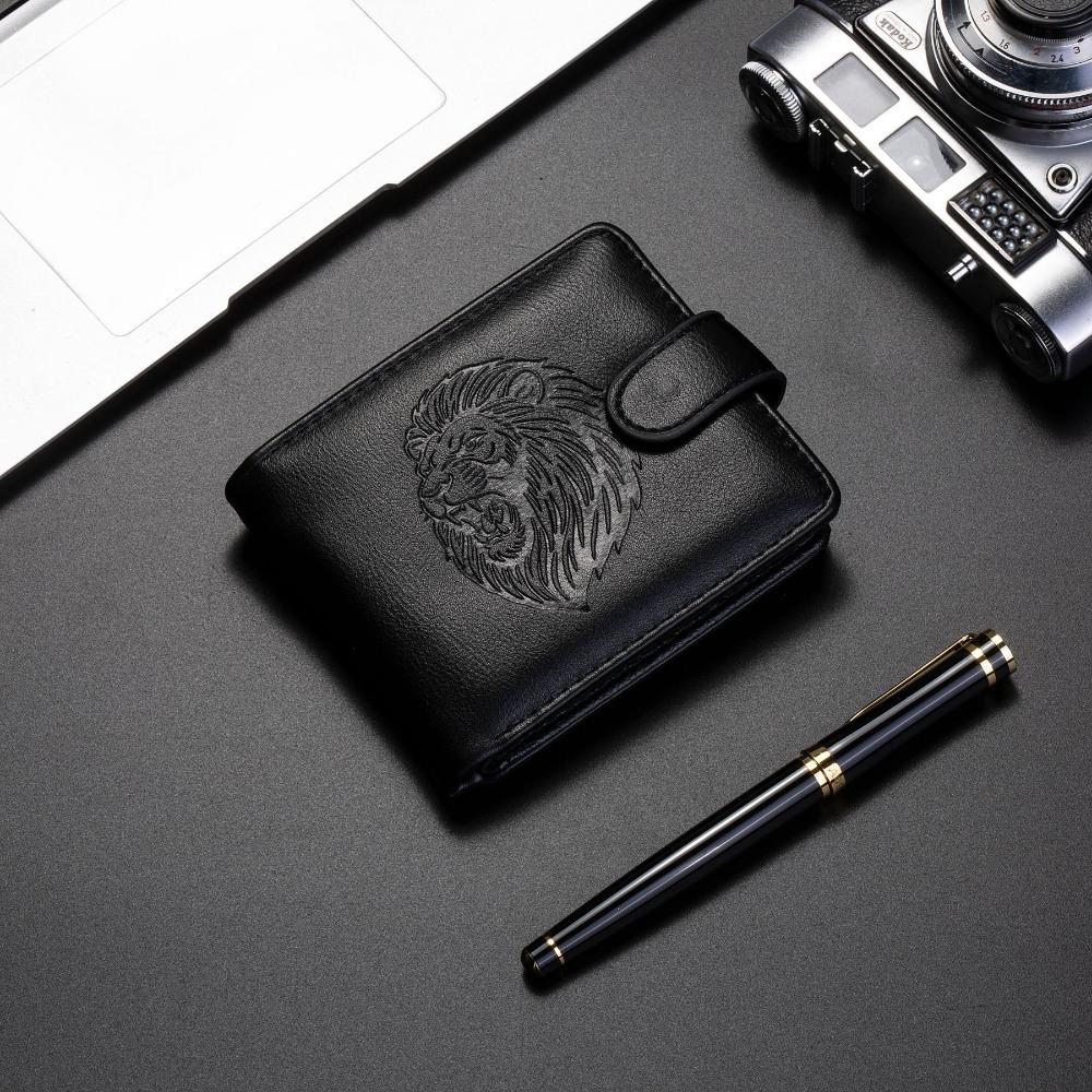 New PU Leather Retro Men's Wallet Black Coffee 3D Embossed Multiple Pockets Two-Fold Lion's Head Coin Purse Credit Card
