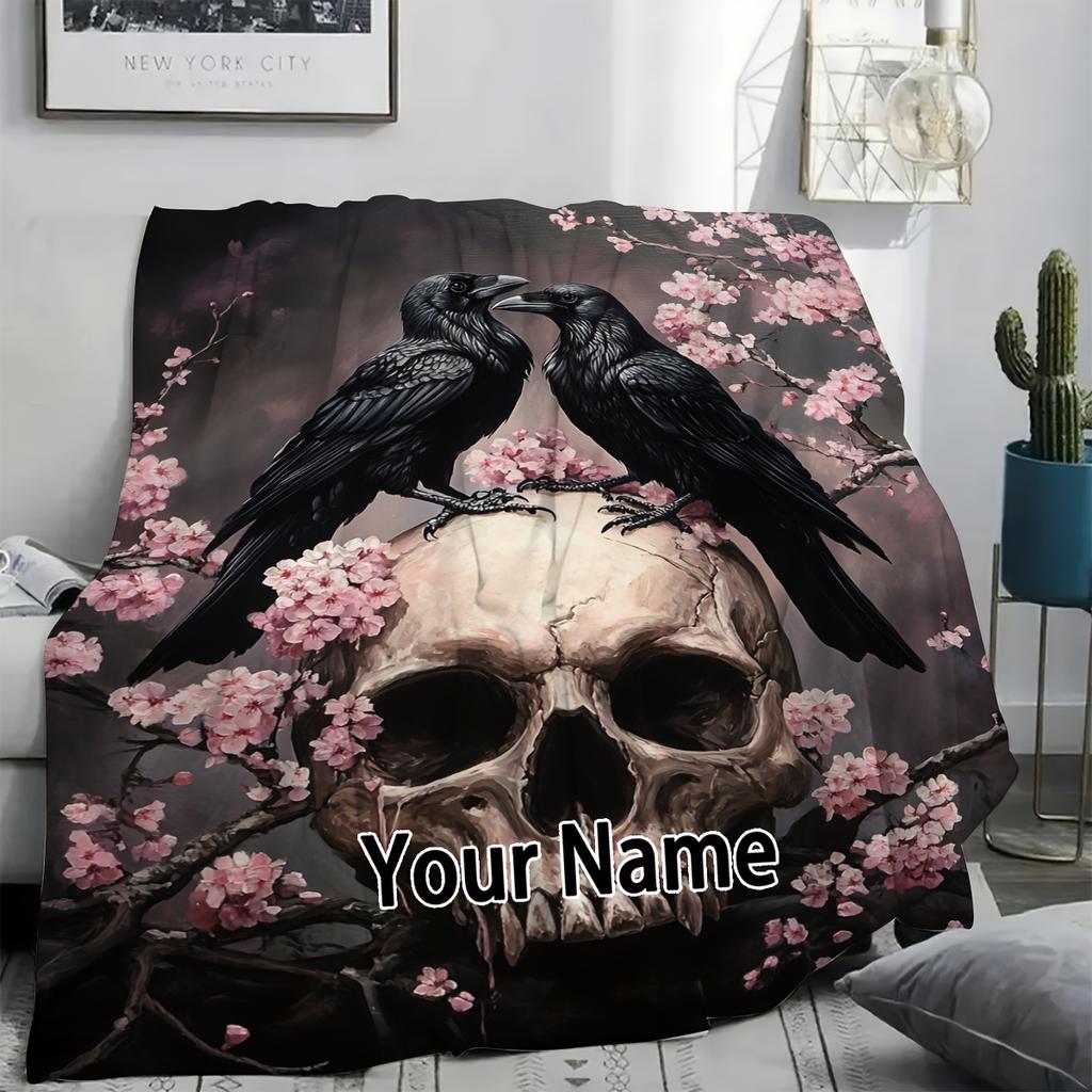 1pc Gothic Raven & Cherry Blossom Flannel Blanket - Custom Name/Message Personalized Skull Design for Halloween