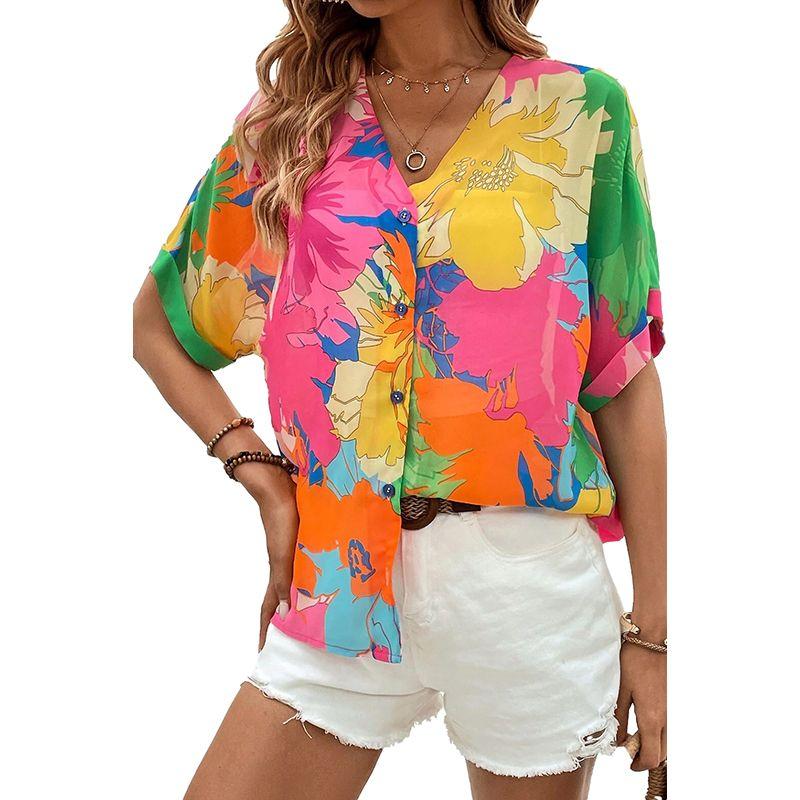 

Summer Thin Stylish Print Short Sleeve Shirt Women s 2025 European and American Style Fashion Casual Three-Quarter Sleeve Single-Breasted Shirt Print P22 M code fits (55.00 kg-62.50 kg