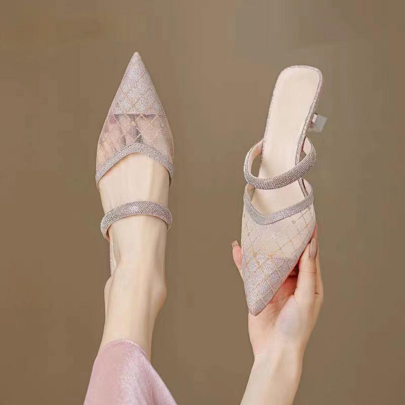 Summer French Pointed Flat Bottom Wear-resistant Splicing Versatile Comfortable Low Heel Simple Bag Head Sandals Women
