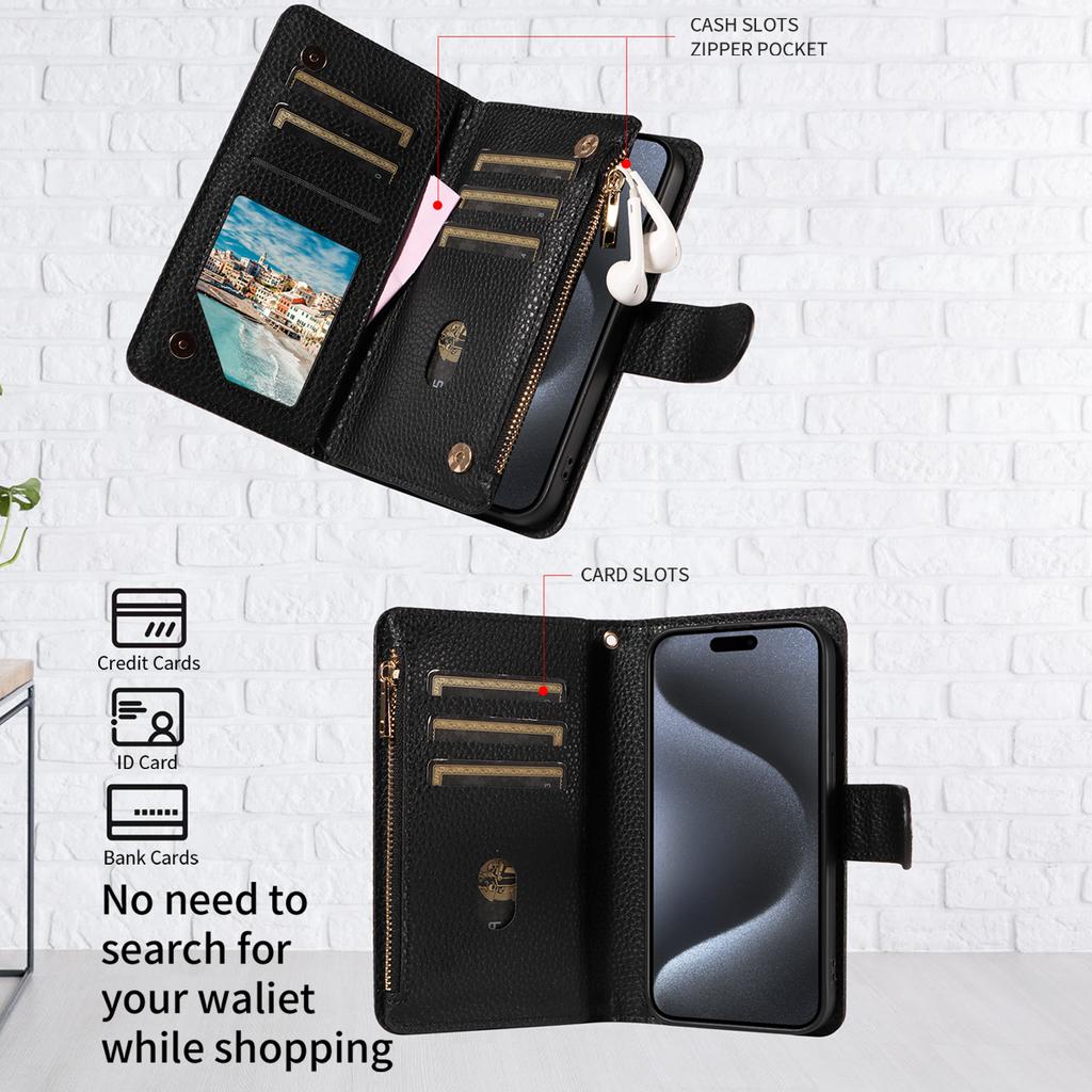 Artificial Leather Zipper Lychee Pattern Phone Case for Iphone16 15 14 Pro Max Plus 13 1211Pro Mini 7 8 XS Clamshell Wallet Case