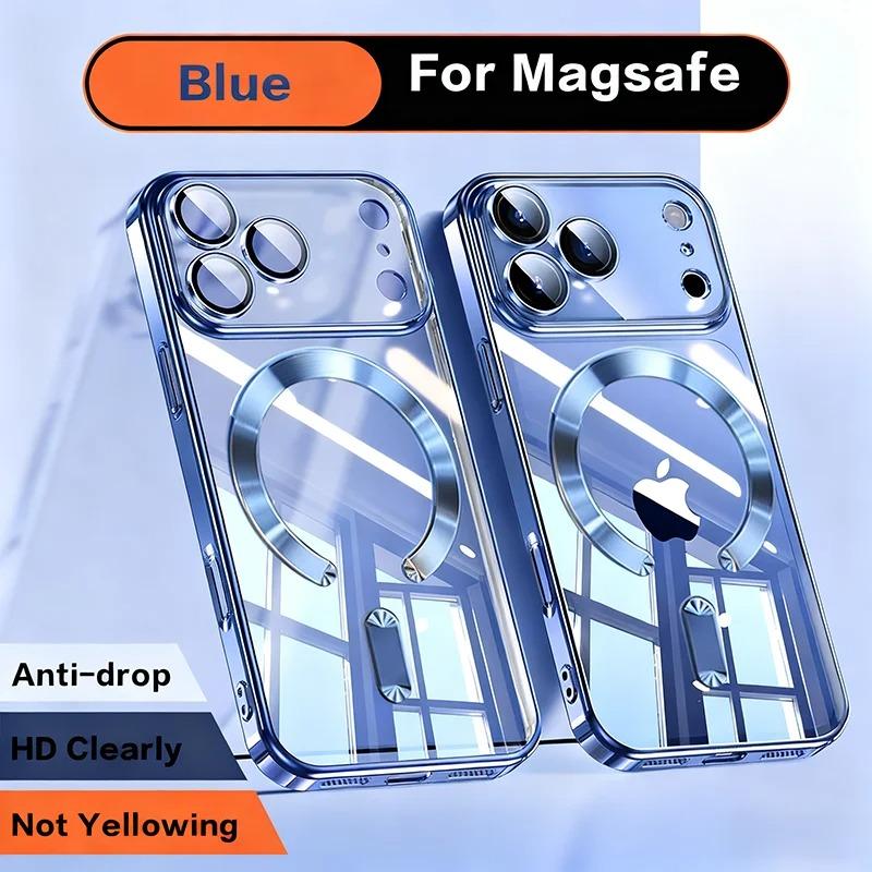 Luxury Plating Magnetic Clear Phone Case For iPhone 17 16 15 14 13 Pro Max 17 Air For Magsafe Lens Protection Shockproof Cover