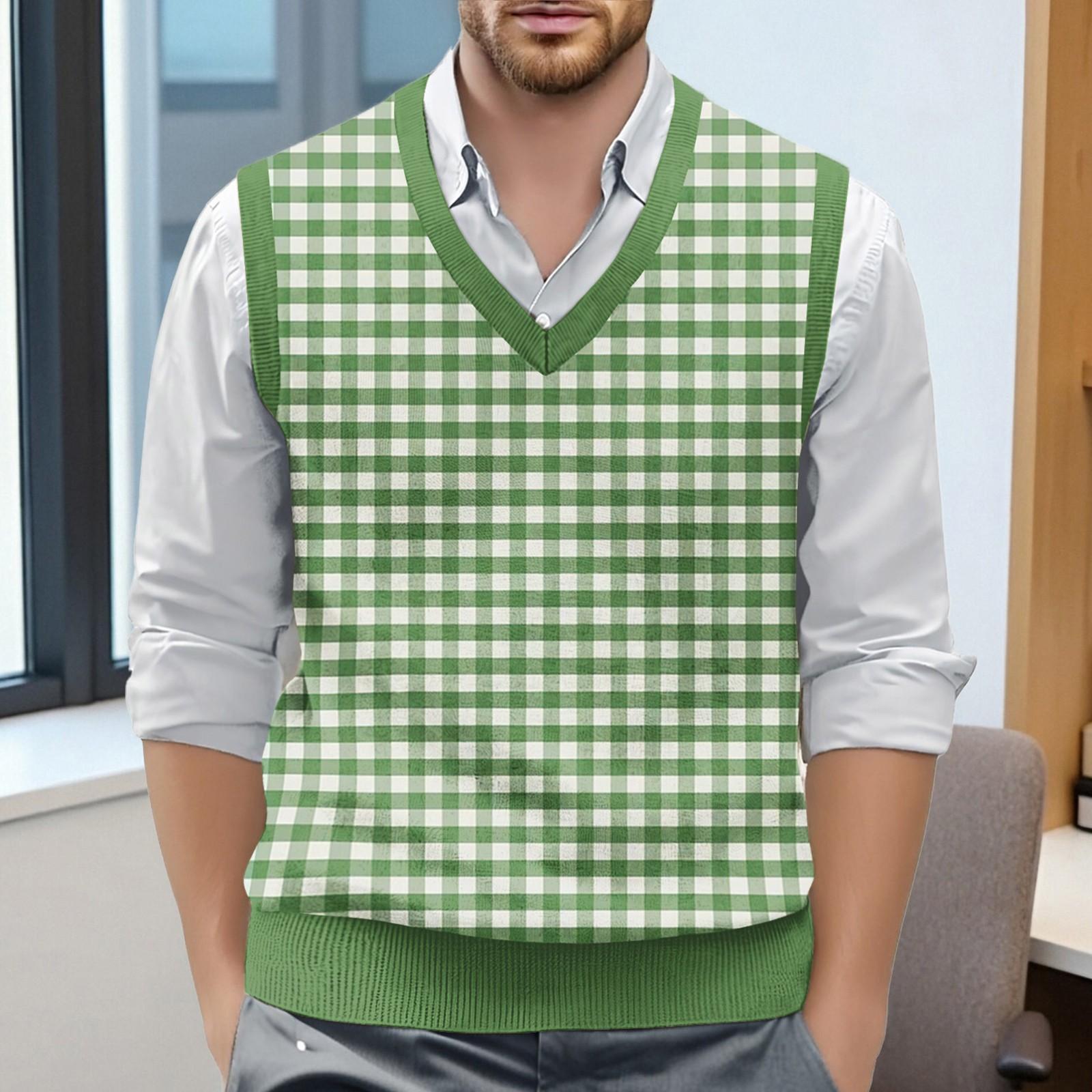 

Мужской жилет без рукавов с клетчатым принтом и V-образным вырезом, вязаный джемпер XL зелёный