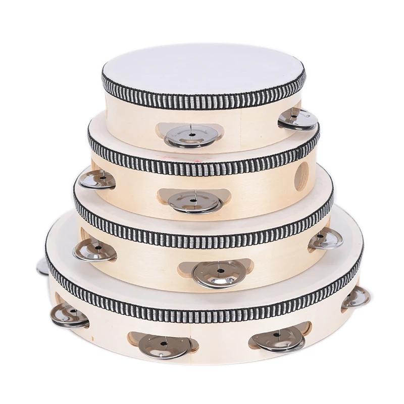 1Pc Wooden Tambourine 4/6/8/10-Inch Beige Rim with Metal Jingles Musical Educational Percussion Instrument for Concert Church Pa