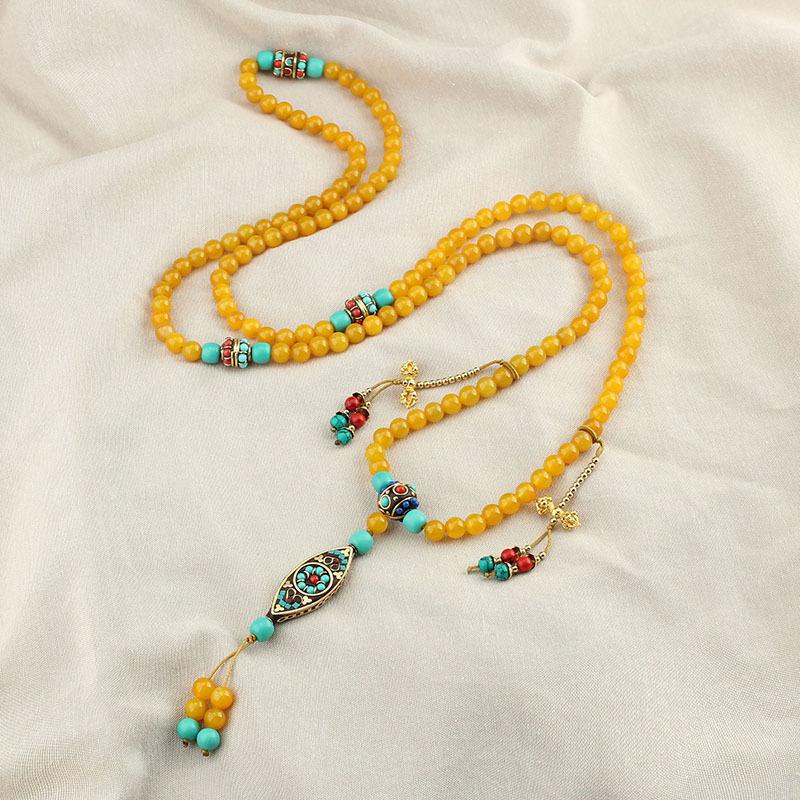 GEMCHIC Women s Chinese Style Long Round Agate Crossbody Necklace Ethnic Bohemian Tassel Pendant