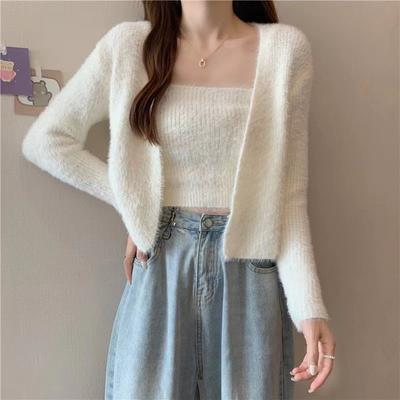 Sexy Pure Desire Suspender Cardigan Two-piece Women's Top Off the Navel Solid Color Imitation Mink Velvet Knitted Sweater Jacket Women's Short