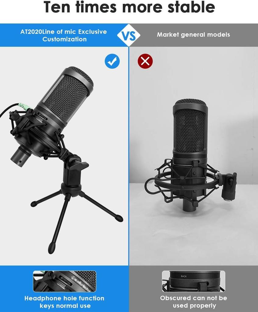 Etour AT2020 Microphone Shock Mount with Pop Filter, [Custom for Audio-Technica Microphones] Anti-Vibration Suspension Shock Mount Holder Clip