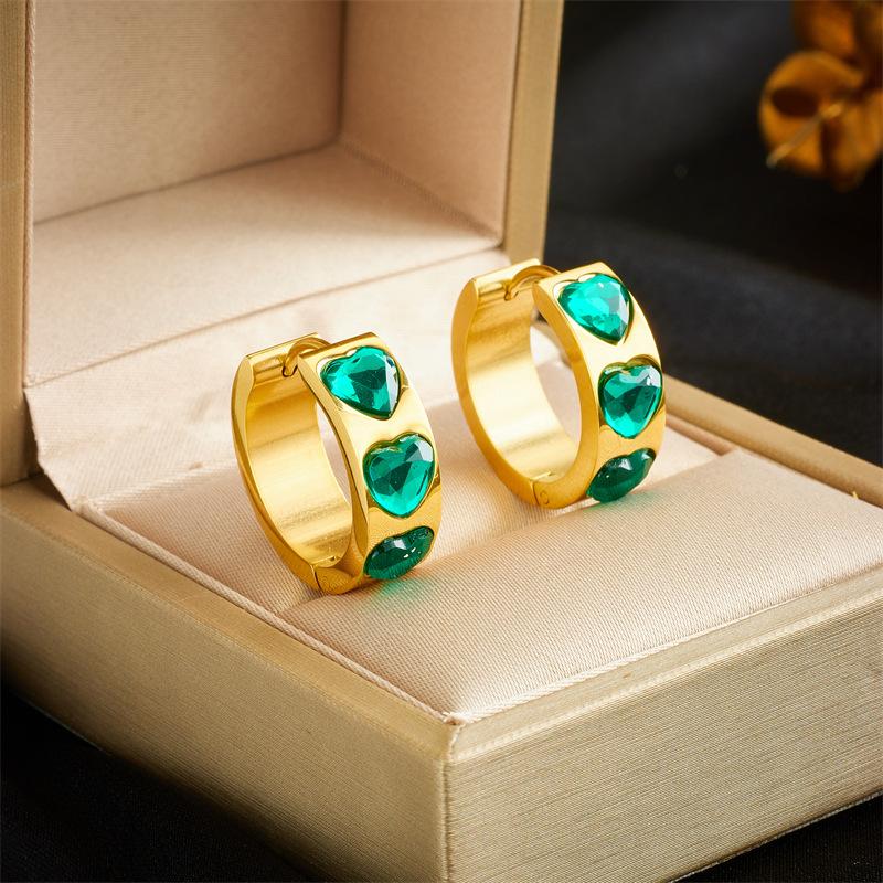 Gold Plated Green Heart Cubic Zirconia Hoop Earrings for Women Stainless Steel зелёный