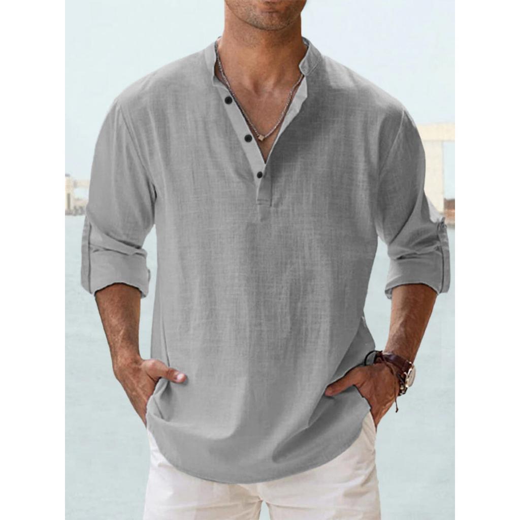 Men's Casual Cotton and Linen Long-sleeved Shirt - Summer Pure Color Stand Collar, Breathable and Lightweight, Large Size Optional, Black