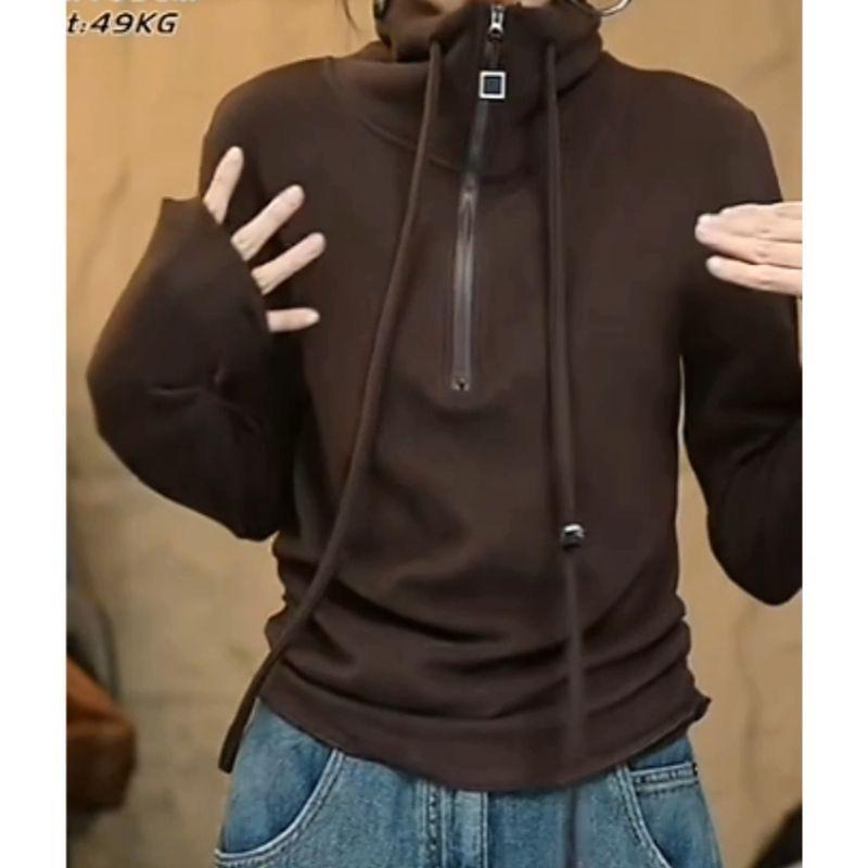 

American zipper semi-turtleneck long-sleeved autumn and winter new German velvet warm fashion versatile top 4XL кофейный