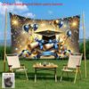 Elegant 2026 Grad Party Backdrop, Blue Gold Ribbons Fireworks Diplomas Grad Cap for Graduation Decor