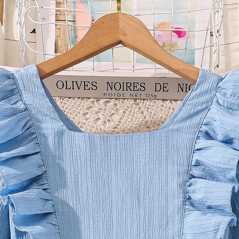 Girl Clothing 2026 Spring Autumn New Fairy Long Sleeve Chic Bow Mid-Length Blue Dress