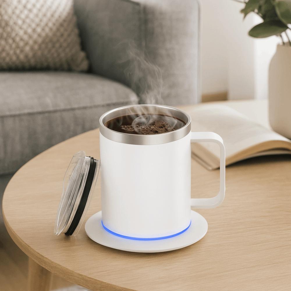 Inteligentní samohřející hrnek na kávu napájený přes USB Dvouvrstvý automaticky hřející hrnek na kávu z nerezové oceli s víčkem