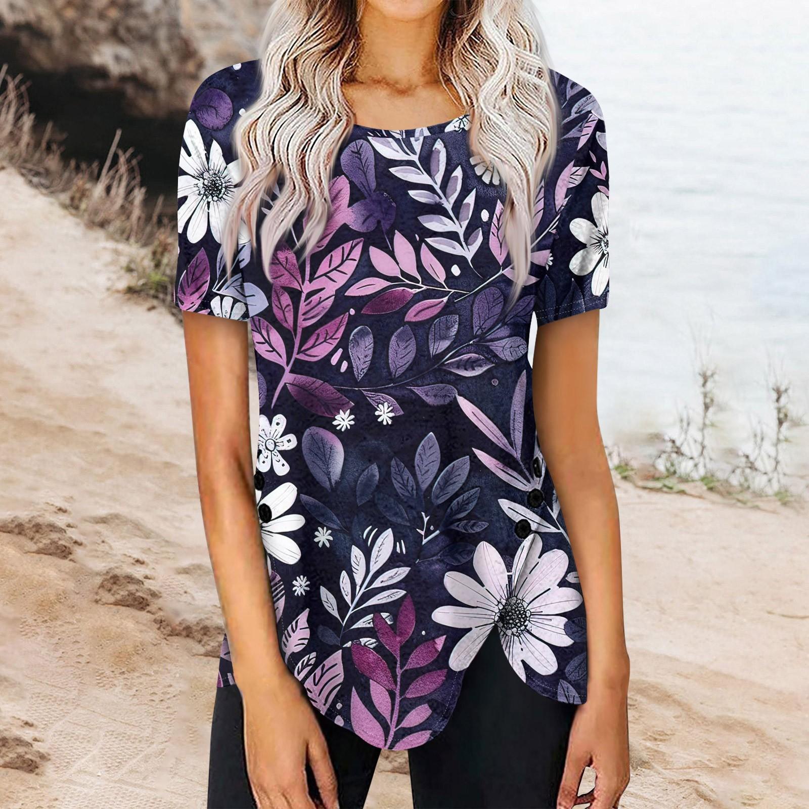 

Женский летний топ с коротким рукавом и круглым вырезом, с принтом на пуговицах сбоку S