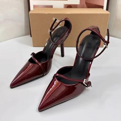 Kadın Bilek Kayışlı Yüksek Topuklu Ayakkabılar Kadın Tasarımcı Sivri Burunlu Kırmızı Topuklu Sonbahar Yeni Suni Deri Seksi Parti Topukluları
