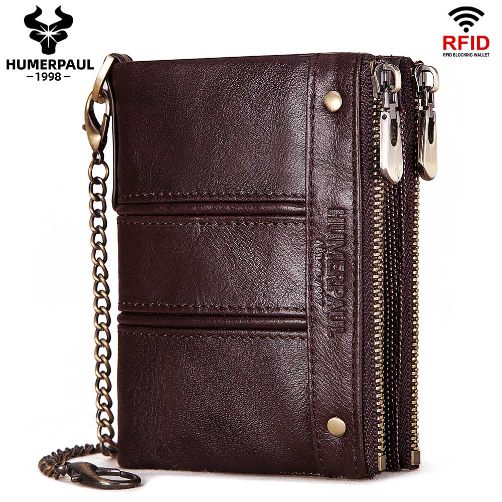 Humerpaul Genuine Leather Bifold Wallet For Men Slim RFID Blocking Credit Card Holder Credential Purse Zipper Coin Purse Male Money Bag
