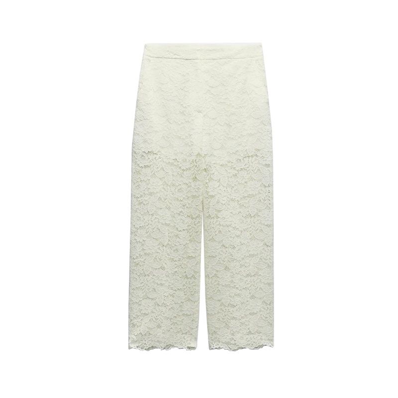 Spring New Lapel Short Sleeve Lace Short Top 3254490 High Waist Straight Ankle-length Pants 3278490