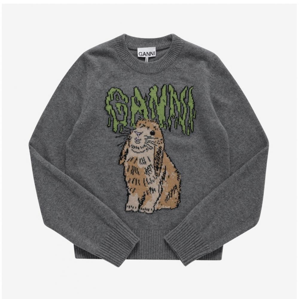Ganni K2502 523 Bunny Grafik Logo Wollmischung Damen Strick