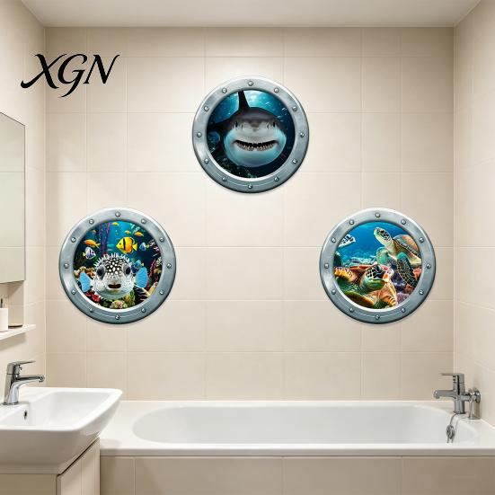 Bathroom Wall Decor for Kids 3Pcs Underwater World Sticker, Ocean Animals Decals, Peel And Stick Vinyl Fantasy Bubble Accents Stickers, 3D