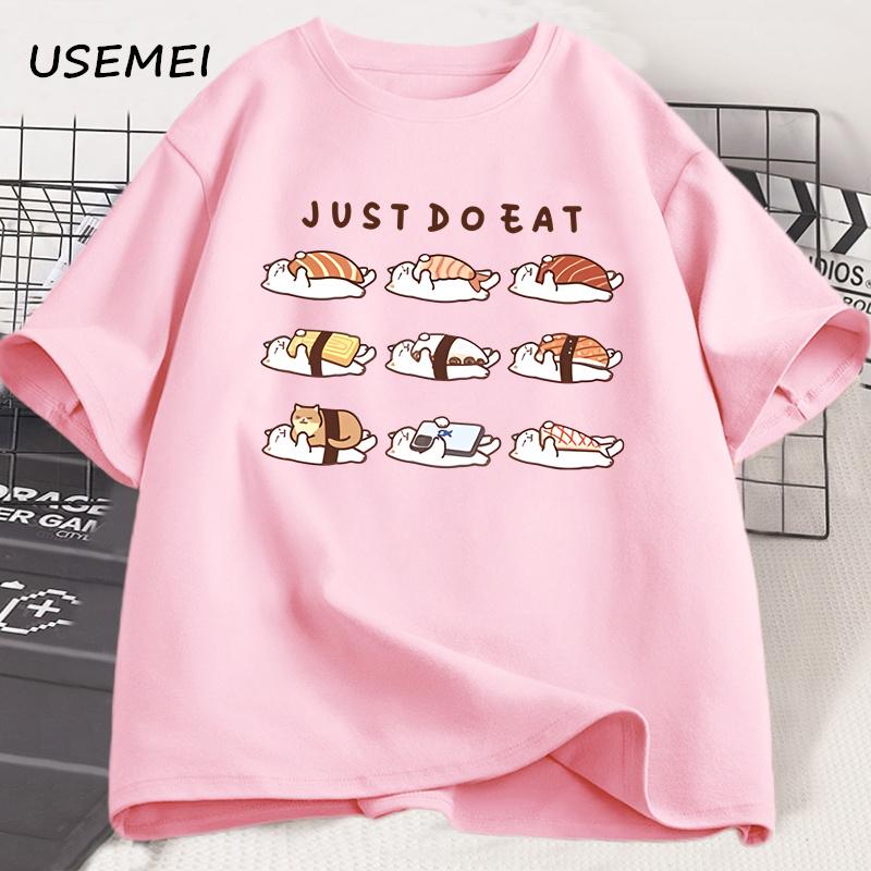 Vtipná kočičí sushi grafická trička Roztomilé kreslené bavlněné potištěné tričko Volné unisex kulatý výstřih Pánské oblečení Oversized Streetwear