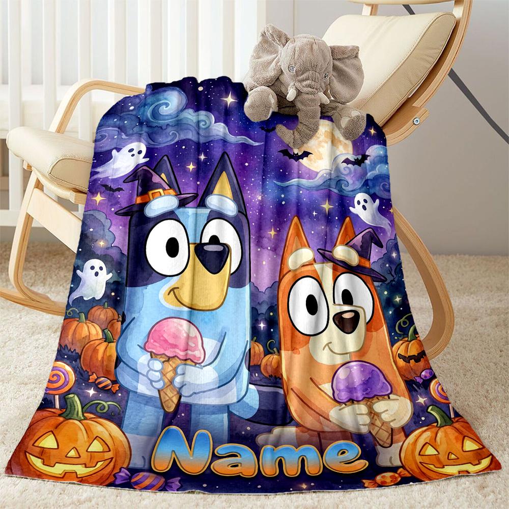 Bluey Halloween Night Personalized Name Blanket Lightweight Customizable Blanket Soft Warm Cozy Suitable for Livingroom Couch Chair Sofa