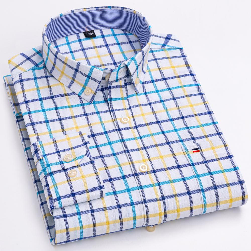 Cămașă Oxford cu carouri pentru bărbați, cu mânecă lungă, 100% bumbac, cu guler cu nasturi și buzunar la piept, croială confortabilă, casual, de primăvară-toamnă, durabilă, rezistentă la șifonare