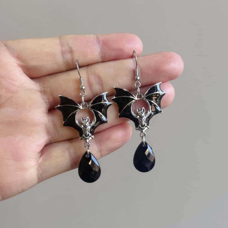 Silver Bat & Red Black Water Drop Gothic Punk Halloween Earrings