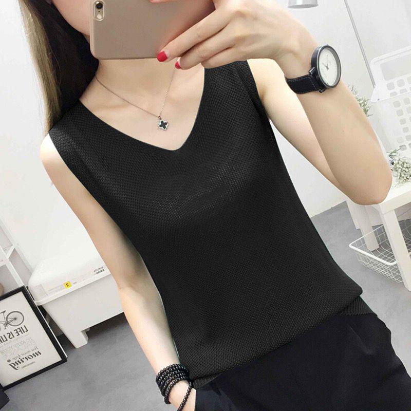 Summer Ice Silk V-Neck Loose Tummy Slimming Plus Size Sleeveless Camisole XXXL чёрный