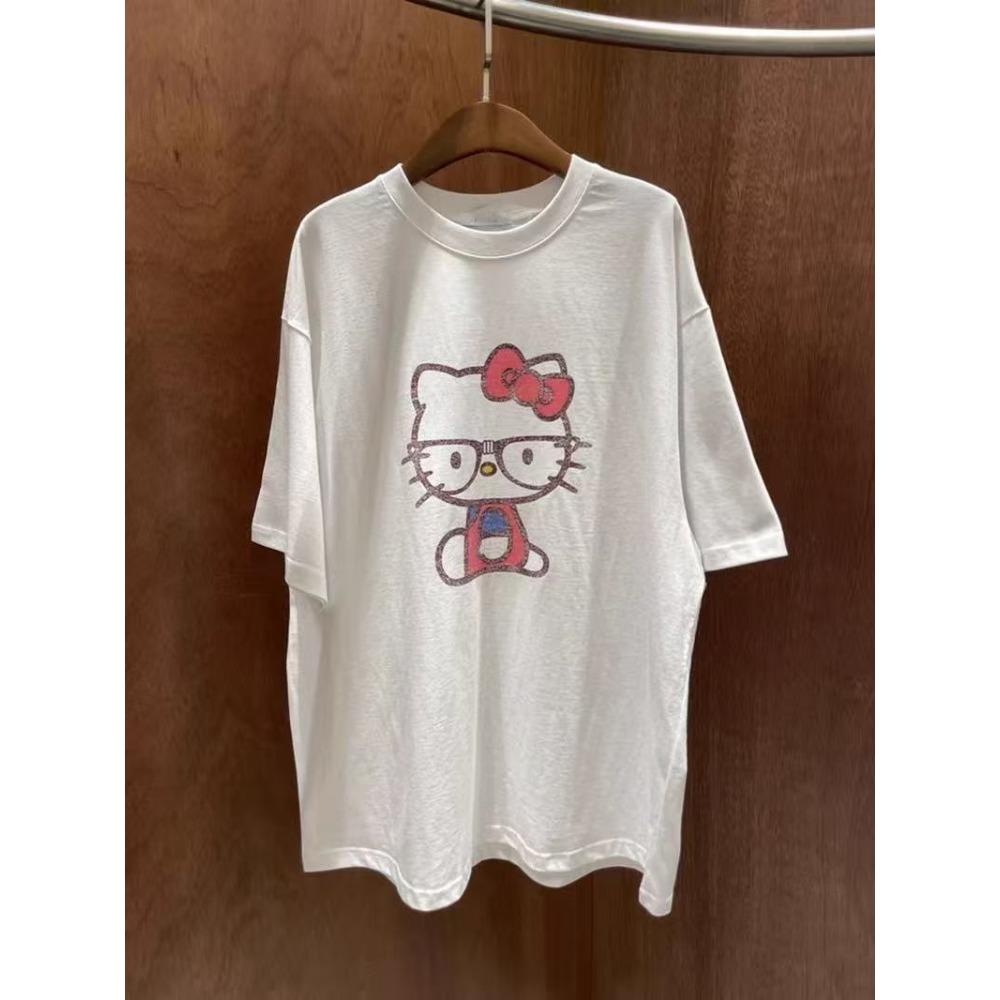 Summer 2026 Hello Kitty Glasses Preppy Theme Printed Women s summer loose and fashionable style M