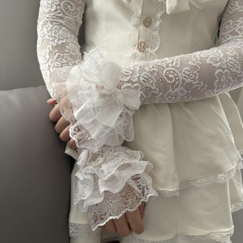 Sweet Princess Thin Lace Long Removable Sleeves Arm Cover Hollow Out Ruffle Elastic Floral Gloves For Wedding Party