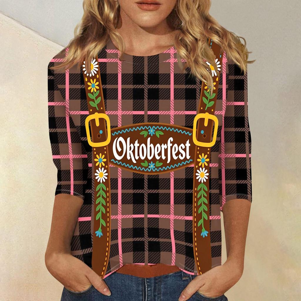 Damen Lässiges Dreiviertelarm Oktoberfest-Print Rundhals Karomuster Oberteil mit Blumen-Träger-Design für Festival-Kleidung