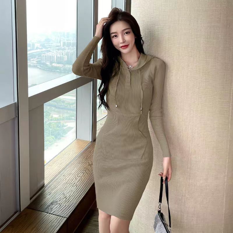 

Новая мода весна осень тонкий ретро дизайн повседневное с капюшоном женское облегающее платье до талии и бедра трикотажное платье женское One Size абрикосовый