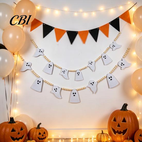 Non-woven Felt Halloween Decor 2 Pcs 7.5FT Garland, Pumpkin Ghost Bat Skull Garland with Fireplace Wood Beads, Party Hanging Banner for Doorway Indoor