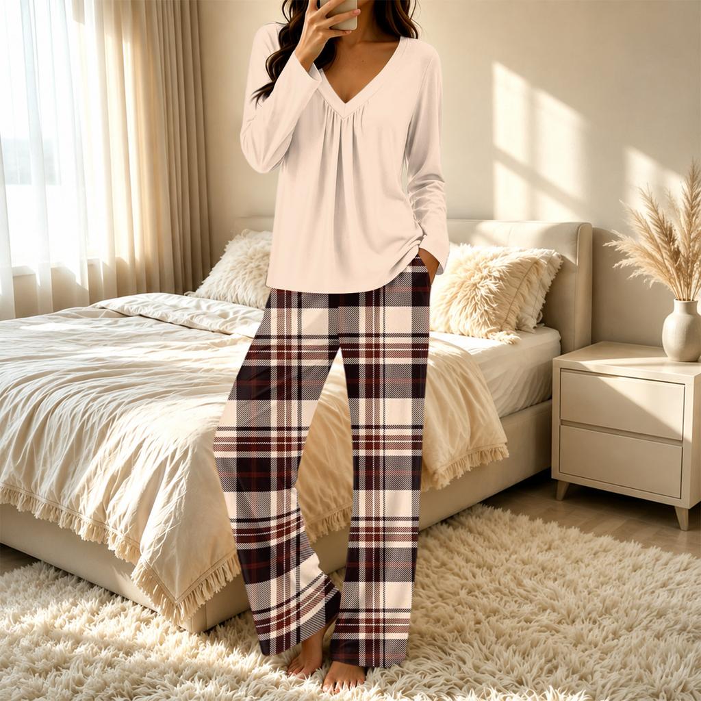 Women's Casual V-Neck Printed Pajama Set Loose Fit Sleepwear for Home