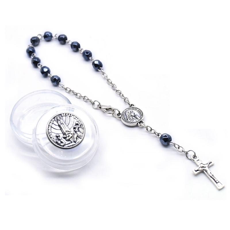 QIGO One Decade Rosary Crystal Bracelet Crucifix Cross Religious Jewelry With Fatima Box For Men Women