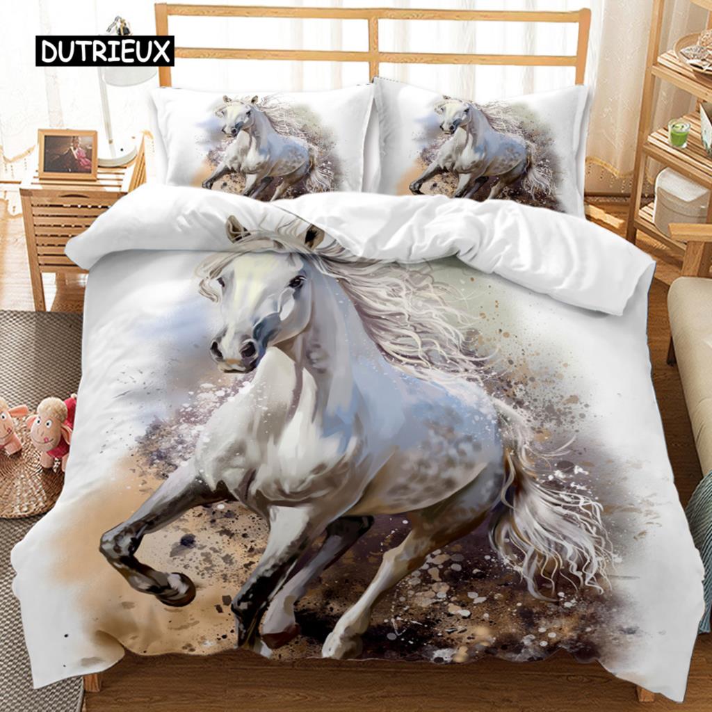 Horse Duvet Cover Set 3D Steed Print Comforter Cover Wildlife Bedding Set Animal Polyester Quilt Cover Double Queen King Size