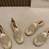 2026 New String Bead Half Slippers Spring Slides Women Shoes Pearl Hemp Women Cotton Fabric Lace Shoes