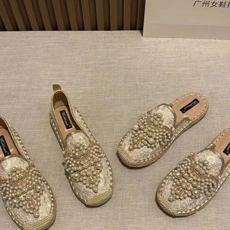 2026 New String Bead Half Slippers Spring Slides Women Shoes Pearl Hemp Women Cotton Fabric Lace Shoes
