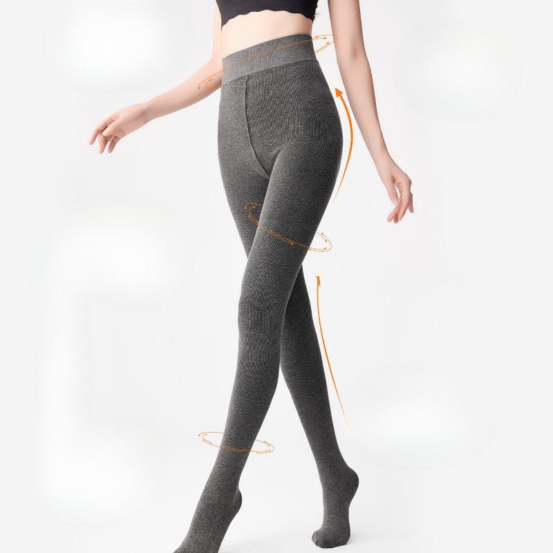 Women's Autumn Winter Gray Vertical Stripe Slimming One-Piece Pantyhose Fleece Lined Thickened Cotton Base Layer Tights