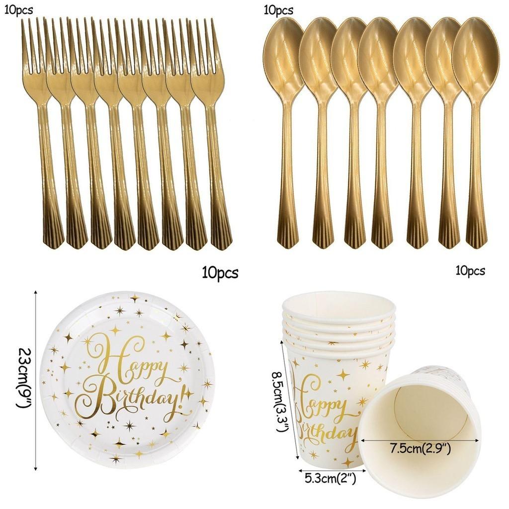 Stylish Gold Polka Dot Stamping Happy Birthday Party Decor Supplies Disposable Tableware Essentials