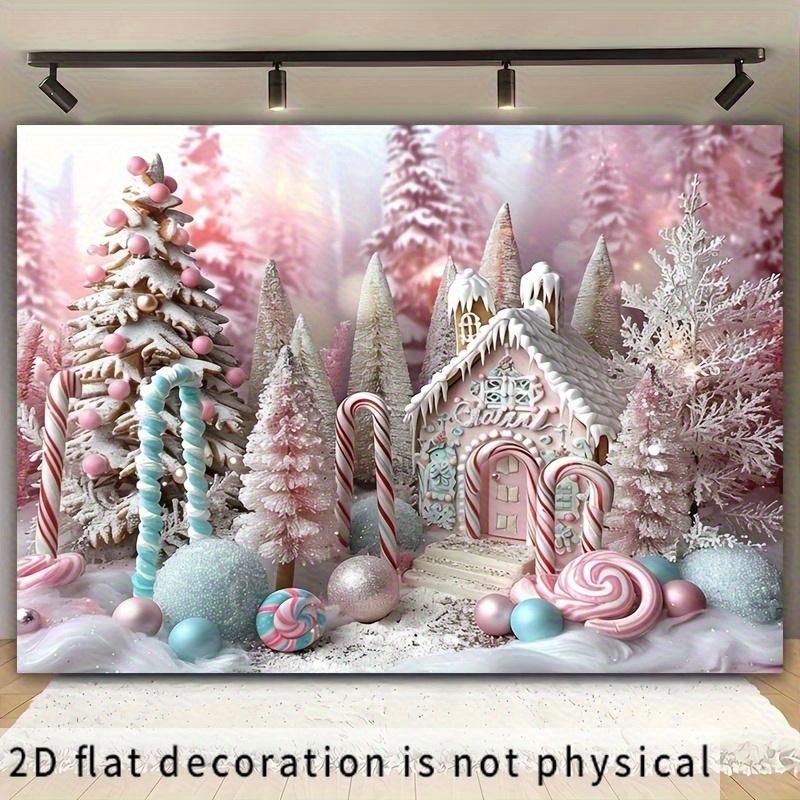 Frohe Weihnachten 2D-Flachbanner - Rosa Zuckerstange Schneewunderland Winterkulisse mit Lebkuchenhaus und Lutscher - Polyester