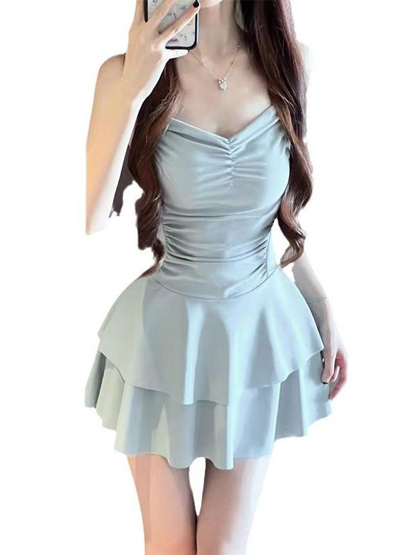 Süßer Damen-Falten-Push-Up-Badeanzug mit Feen-Design, einfarbig, ideal für kleine Brüste und leicht übergewichtige Figuren