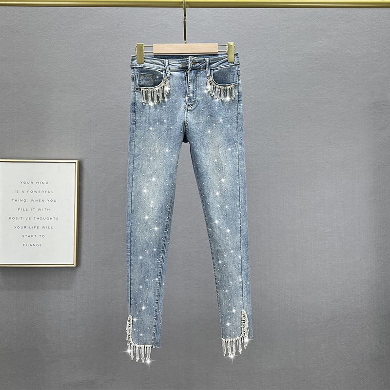 

Кисточка Высокая талия Слим Стройнящий Европейские товары Девять очков Деним Blue S