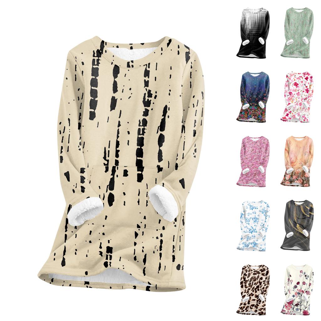 Women's Fashionable Printed Round Neck Long Sleeved Plush Warm Pullover Top