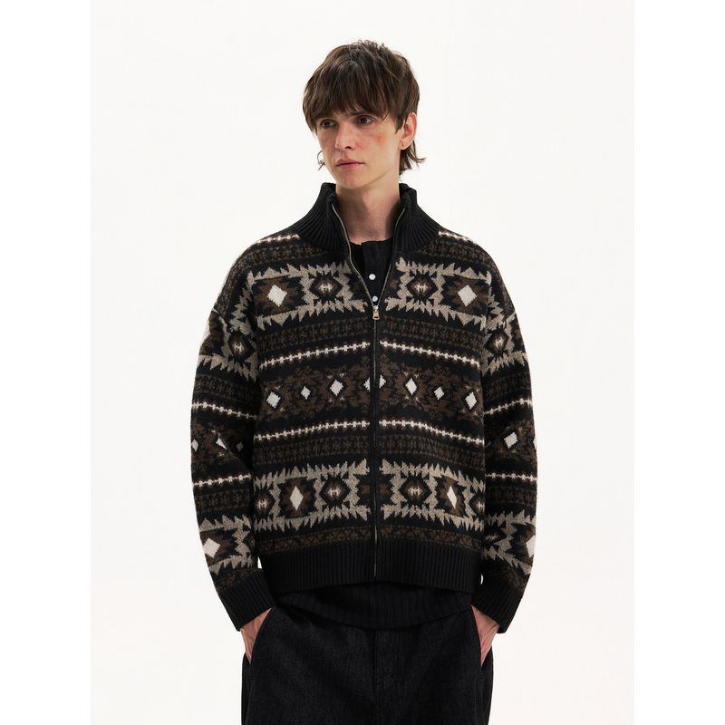 Blaexit Fair Isle Sweater Cashmere Sweater Men's Winter Thickened Diamond Pattern Knit Cardigan Jacket